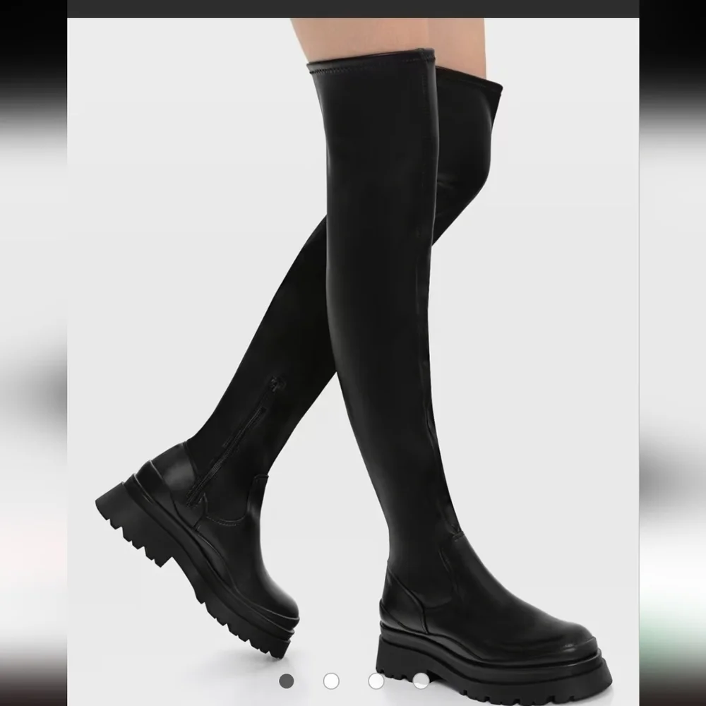 ASOS Stradivarius Black Over-the-Knee Stretch Boots Vegan Lug Goth 38 7.5/8
